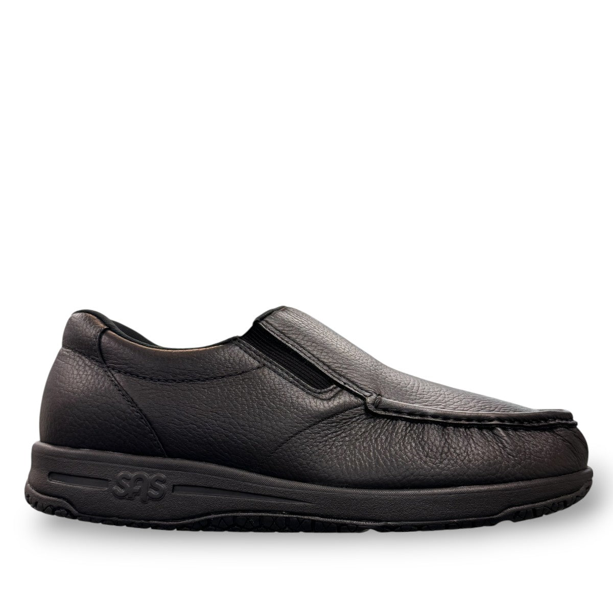SAS Navigator black water-resistant leather slip-on shoe with non-slip X-Tra Grip sole.
photo of the right side