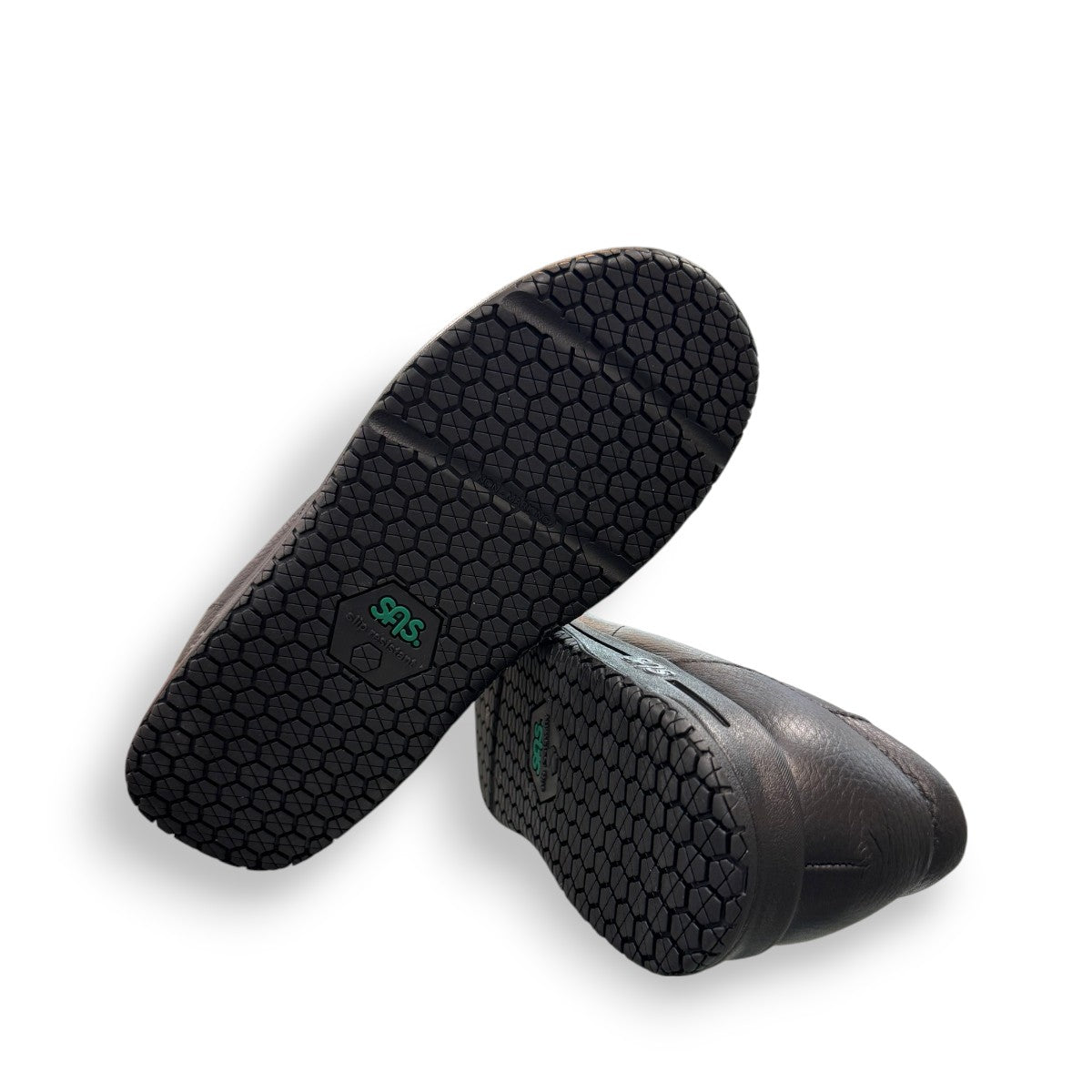 SAS Navigator black water-resistant leather slip-on shoe with non-slip X-Tra Grip sole.
photo of the bottom side