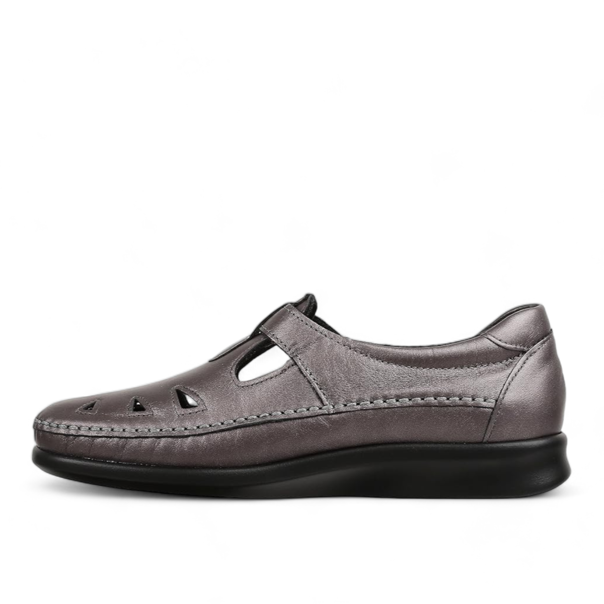 SAS Roamer Santolina metallic grey leather comfort shoe with cutout details and adjustable strap.
photo of the left side