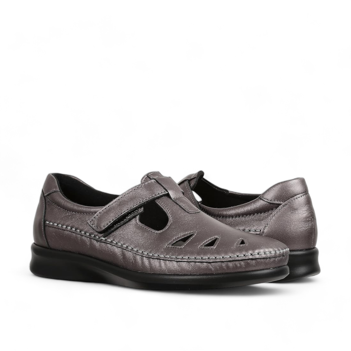 SAS Roamer Santolina metallic grey leather comfort shoe with cutout details and adjustable strap.
photo of the front side