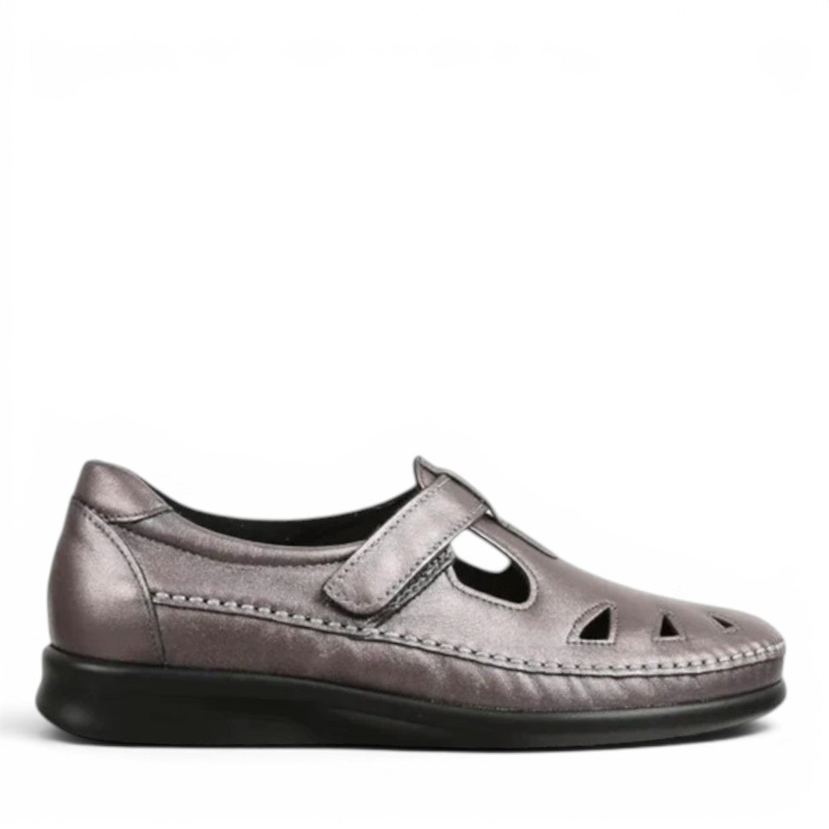 SAS Roamer Santolina metallic grey leather comfort shoe with cutout details and adjustable strap.
photo of the right side