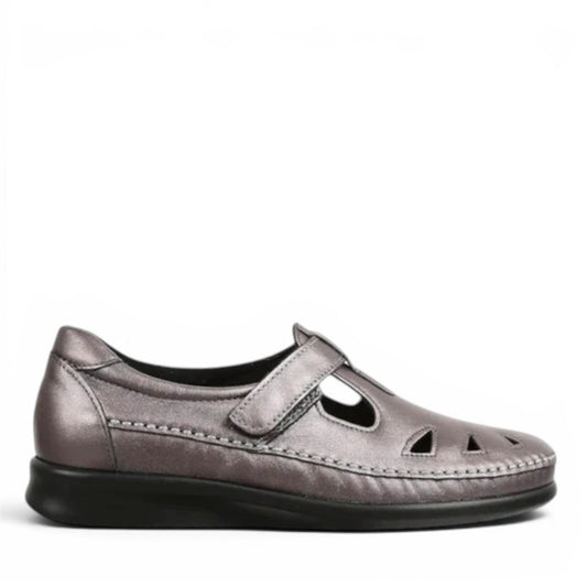 SAS Roamer Santolina metallic grey leather comfort shoe with cutout details and adjustable strap.
photo of the right side