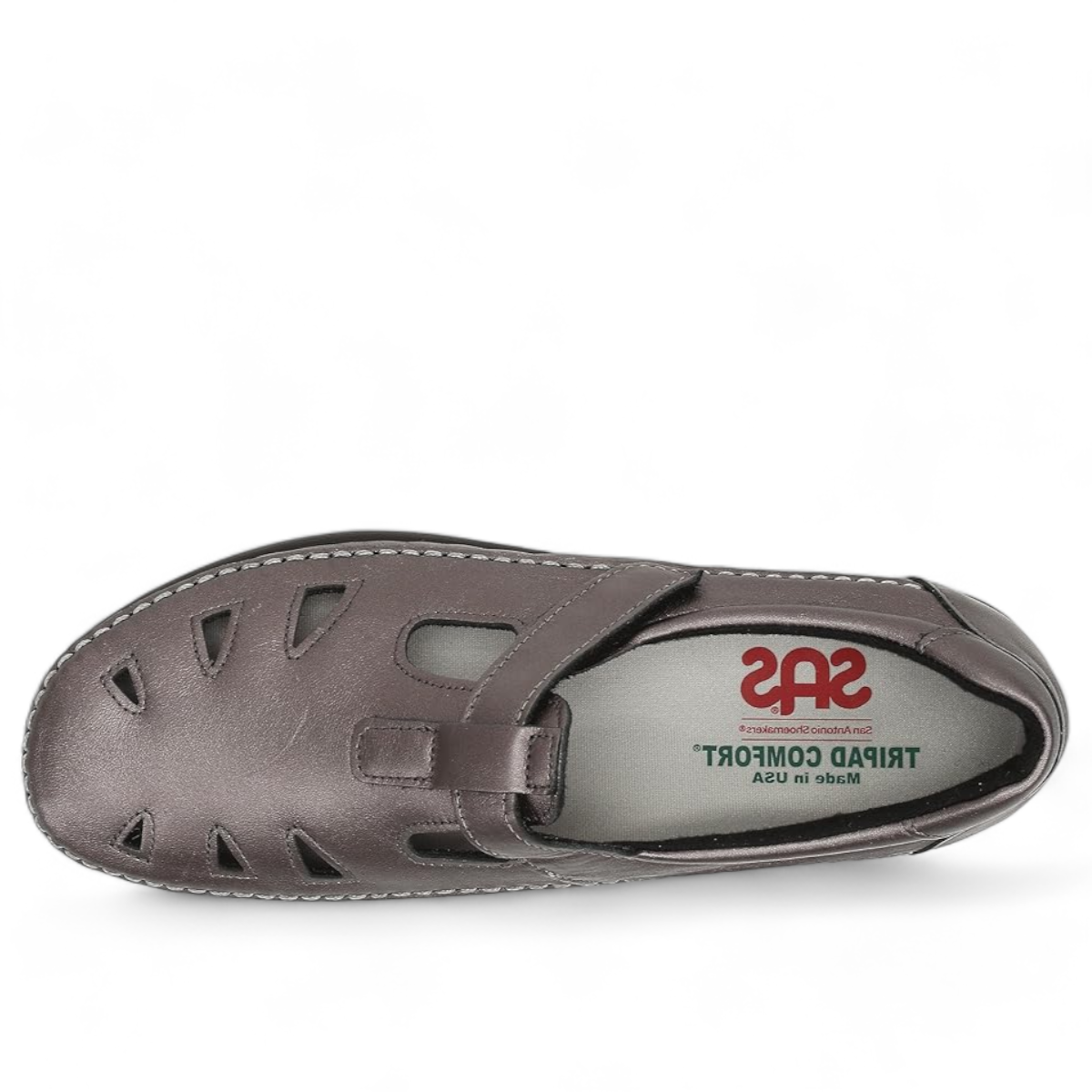 SAS Roamer Santolina metallic grey leather comfort shoe with cutout details and adjustable strap.
photo of the top side