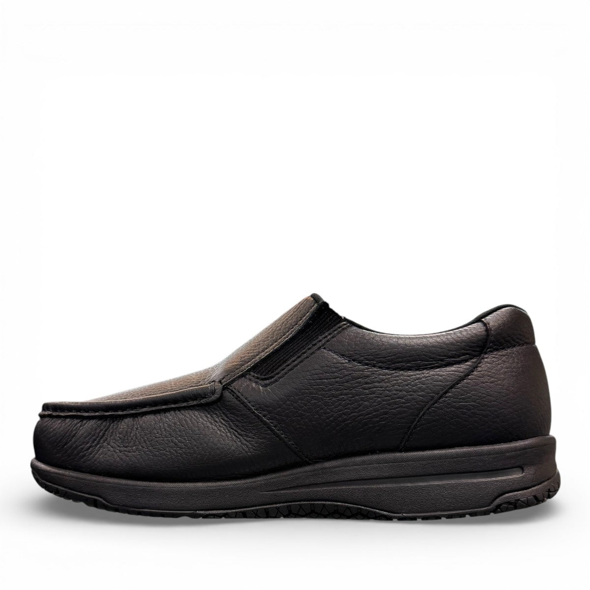 SAS Twin black leather slip-on moccasin shoe with elastic side panels and cushioned polyurethane outsole.
photo of the left side