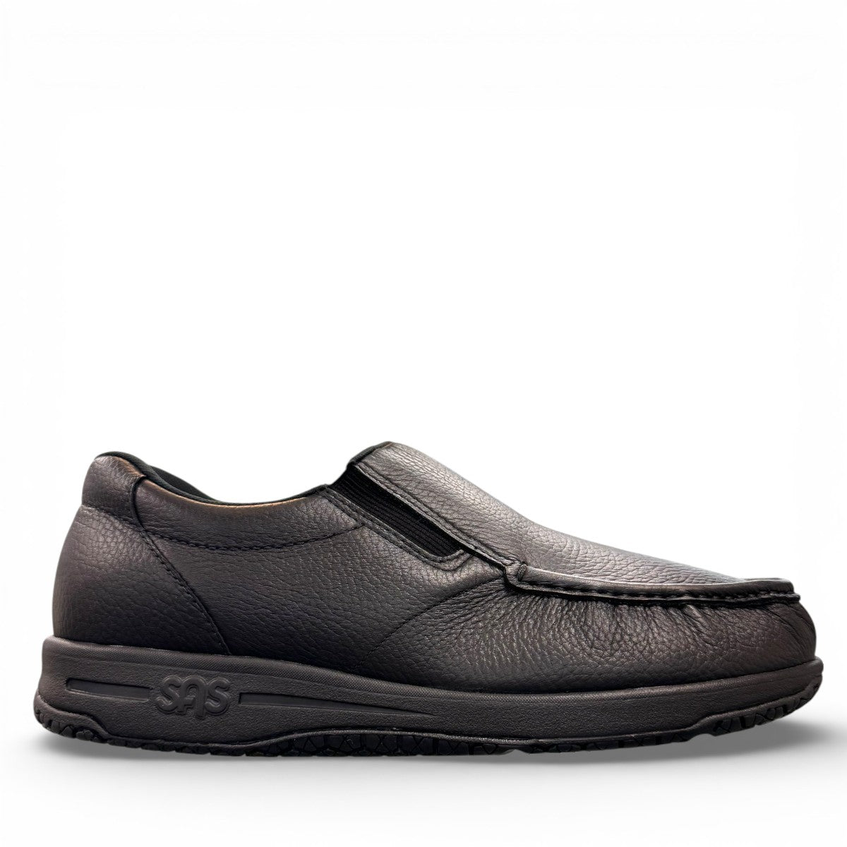 SAS Twin black leather slip-on moccasin shoe with elastic side panels and cushioned polyurethane outsole.
photo of the right side