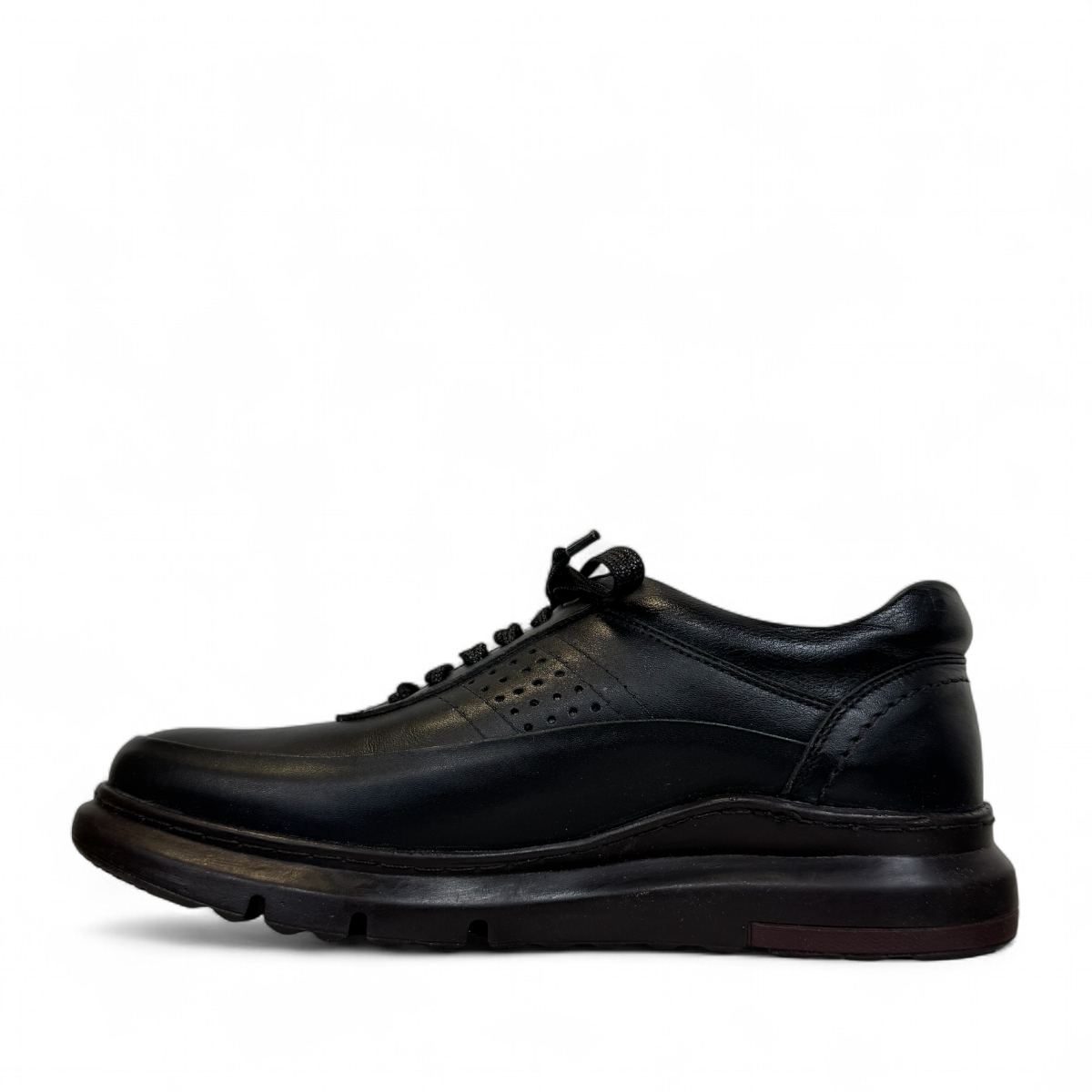 Satel Abgineh black leather lace-up shoe with perforated side detail and durable rubber outsole. Photo of left side view.