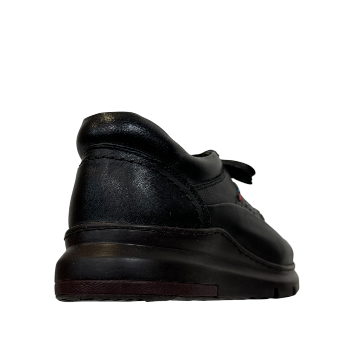 Satel Abgineh black leather lace-up shoe with perforated side detail and durable rubber outsole. Photo of back view.