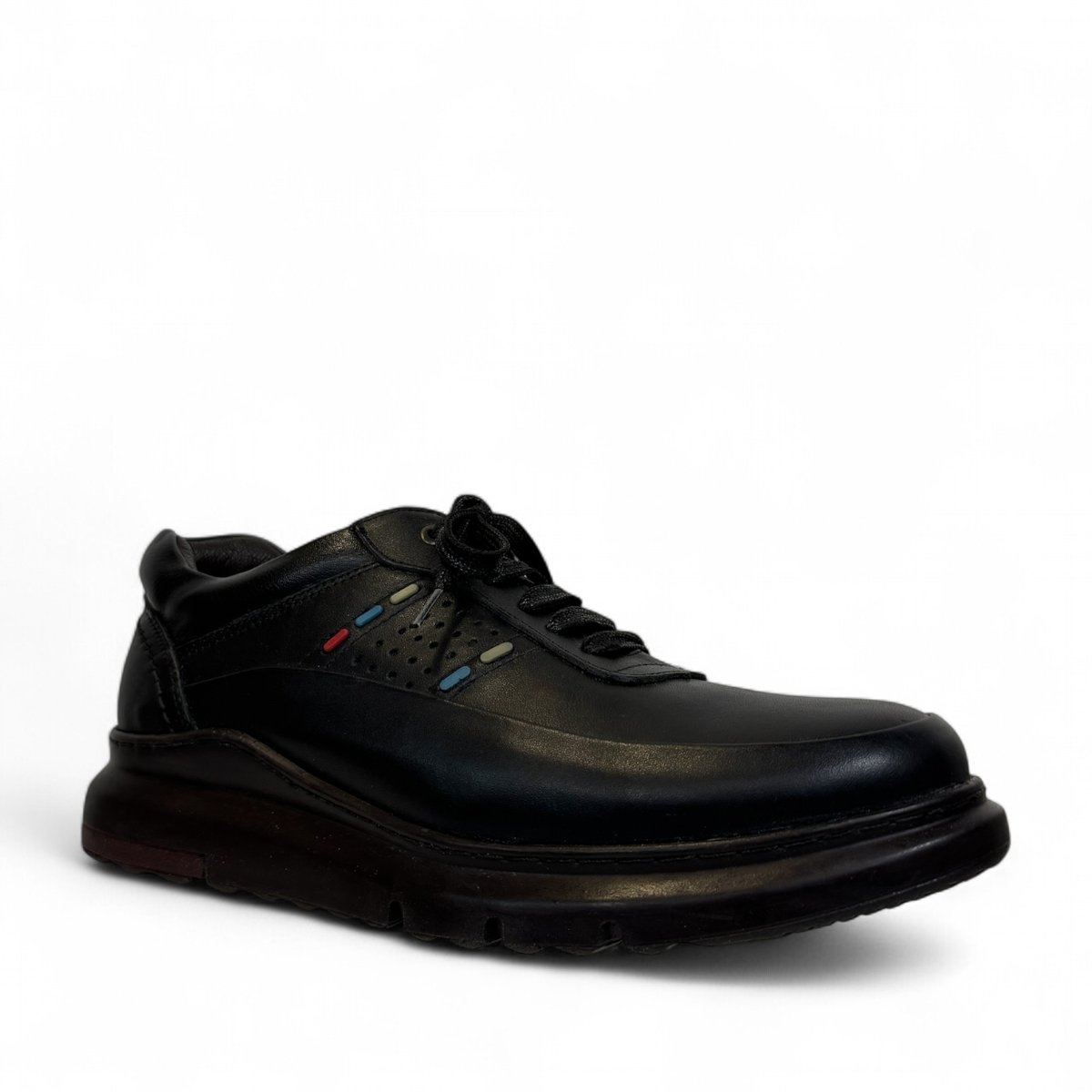 Satel Abgineh black leather lace-up shoe with perforated side detail and durable rubber outsole. Photo of front side view.