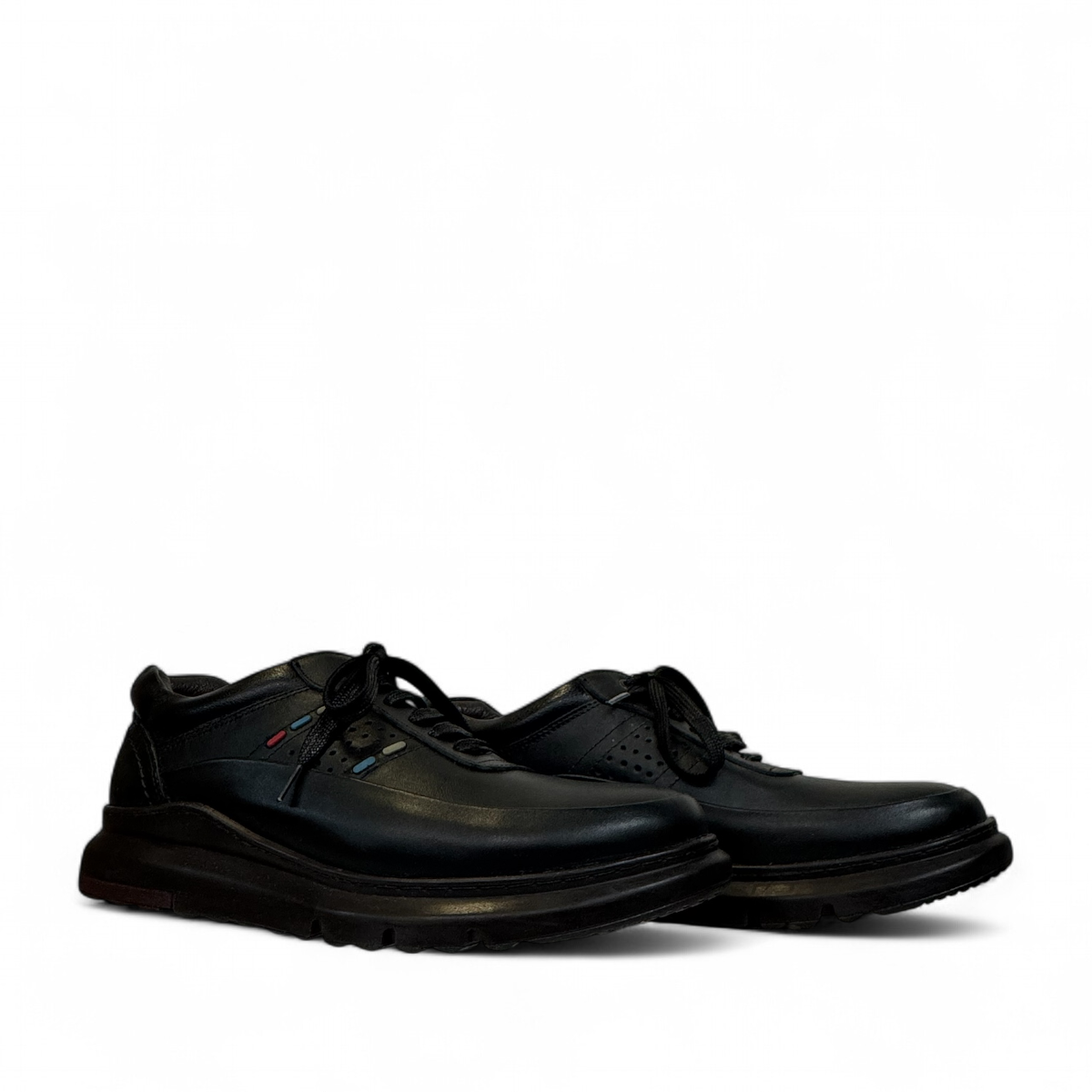 Satel Abgineh black leather lace-up shoe with perforated side detail and durable rubber outsole. Photo of side views.