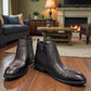 SATEL PERSIA  2- BLACK Description:
1. Genuine Leather Upper boots for a Polished finish
2. Leather Lining for Breathability and Comfort
3. Durable Rubber Outsole with Excellent Traction
4. Ideal for Formal Occasions or Smart Casual Wear
5. Detailed with Subtle Handmade Stitching for a Refined, distinctive look.