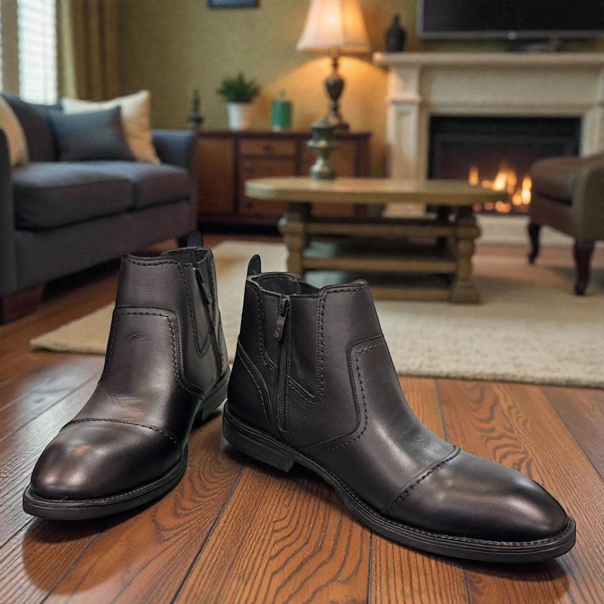 SATEL PERSIA  2- BLACK Description:
1. Genuine Leather Upper boots for a Polished finish
2. Leather Lining for Breathability and Comfort
3. Durable Rubber Outsole with Excellent Traction
4. Ideal for Formal Occasions or Smart Casual Wear
5. Detailed with Subtle Handmade Stitching for a Refined, distinctive look.