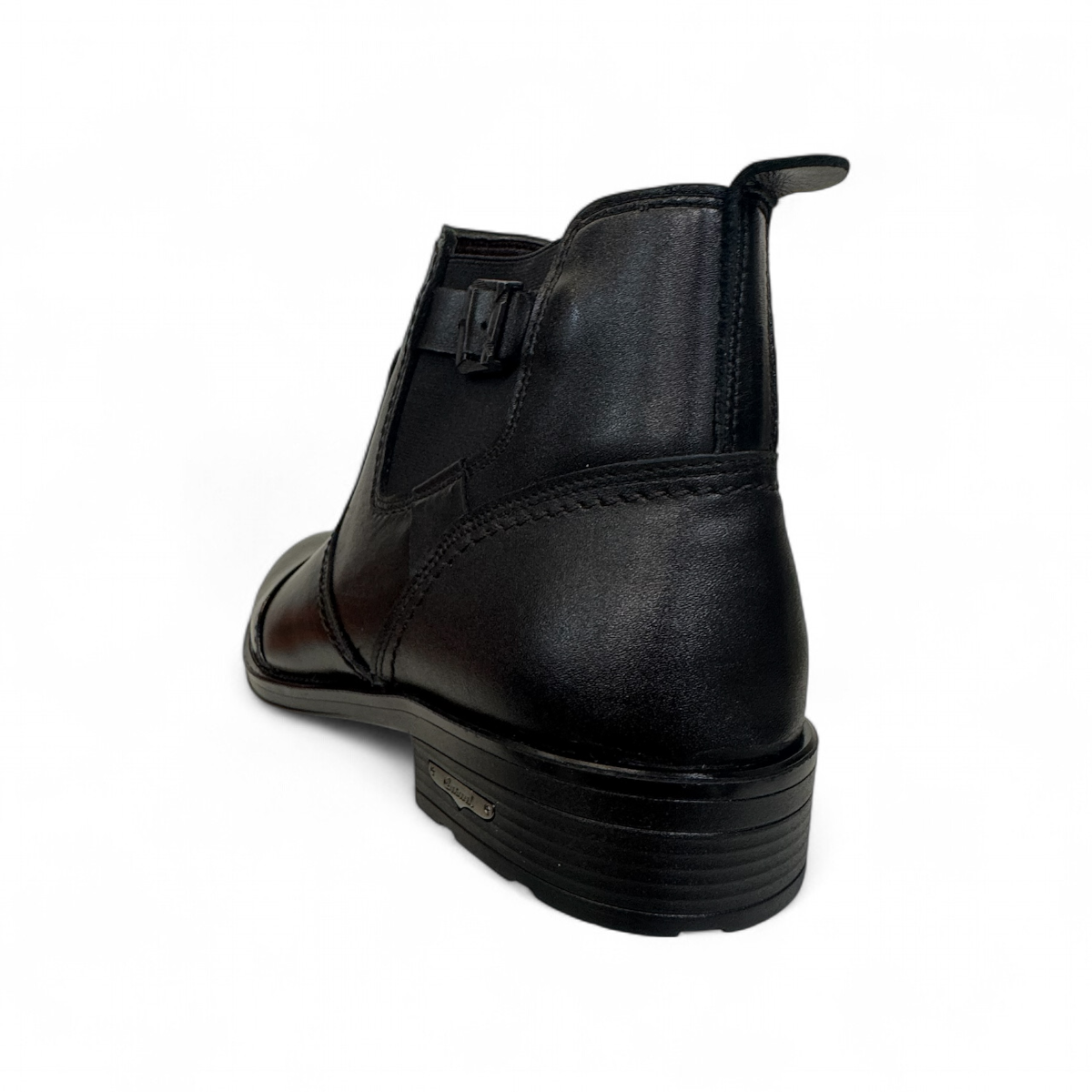 Satel Persia black genuine leather ankle boots with side buckle detail and durable rubber outsole. Photo of back view.