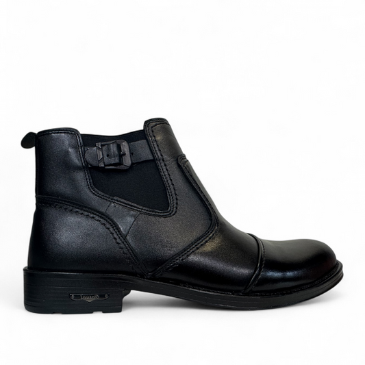 Satel Persia black genuine leather ankle boots with side buckle detail and durable rubber outsole. Photo of right side view.