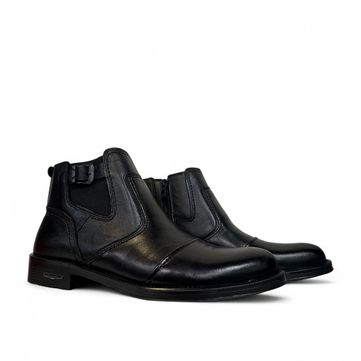 Satel Persia black genuine leather ankle boots with side buckle detail and durable rubber outsole. Photo of side views.