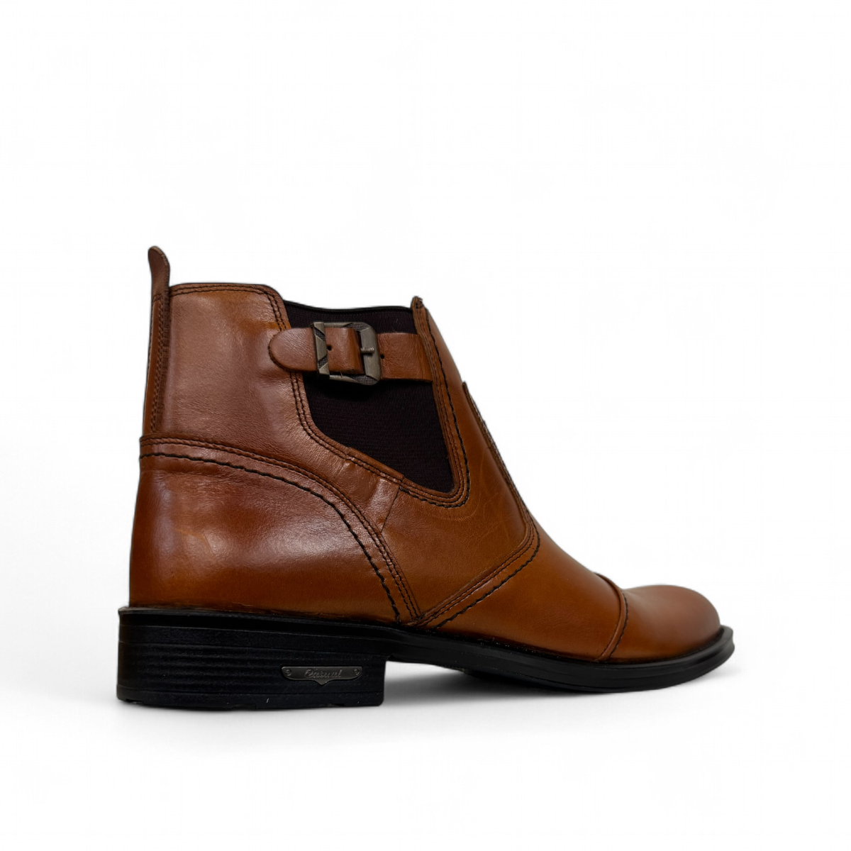 Satel Persia light brown genuine leather ankle boots with side buckle and detailed stitching. Photo of back side view.