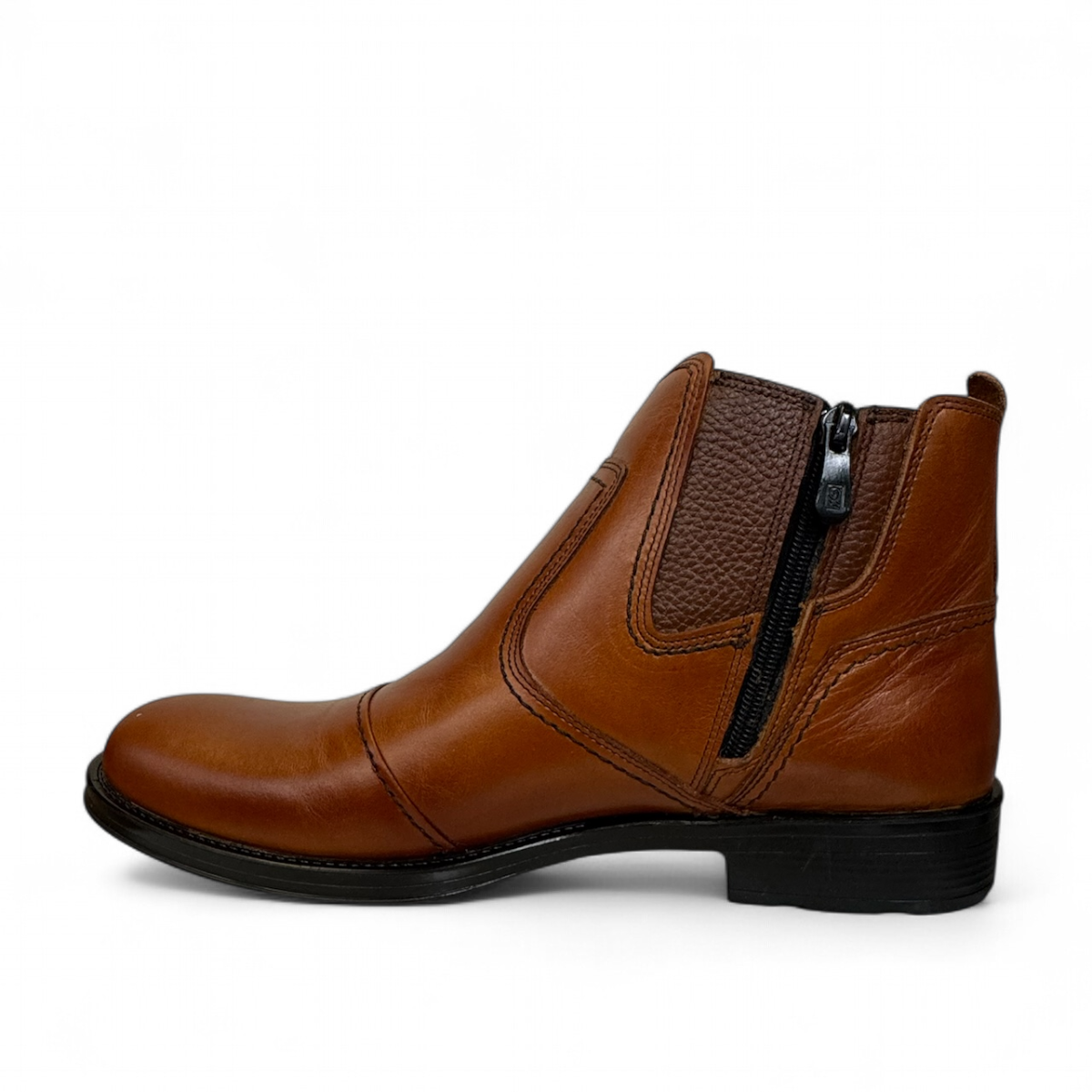 Satel Persia light brown genuine leather ankle boots with side buckle and detailed stitching. Photo of left side view.