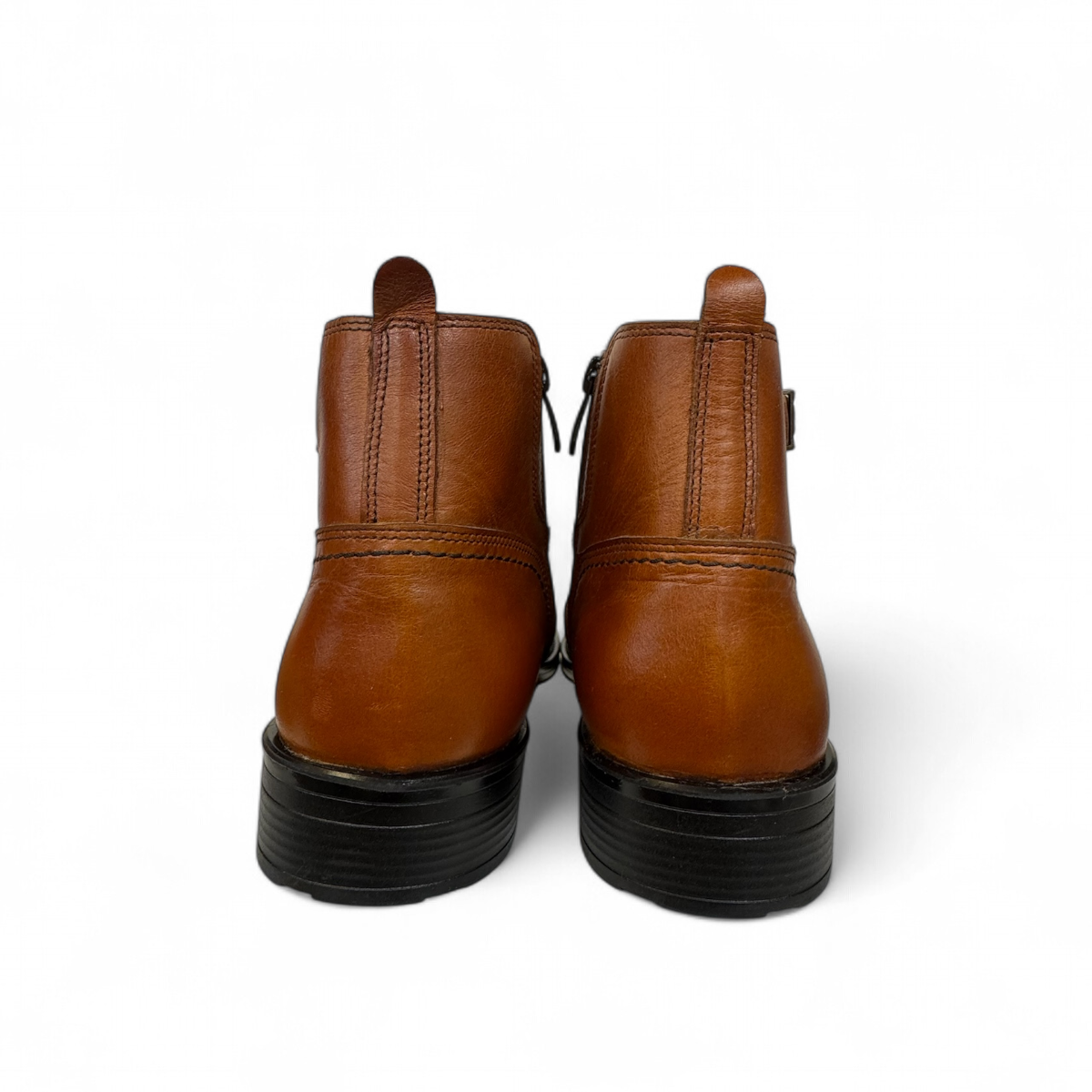 Satel Persia light brown genuine leather ankle boots with side buckle and detailed stitching. Photo of back view.