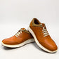 SHAHIN KOOROSH brown leather lace-up sneaker with a white rubber sole and handmade stitching details. Photo of front side view 1.