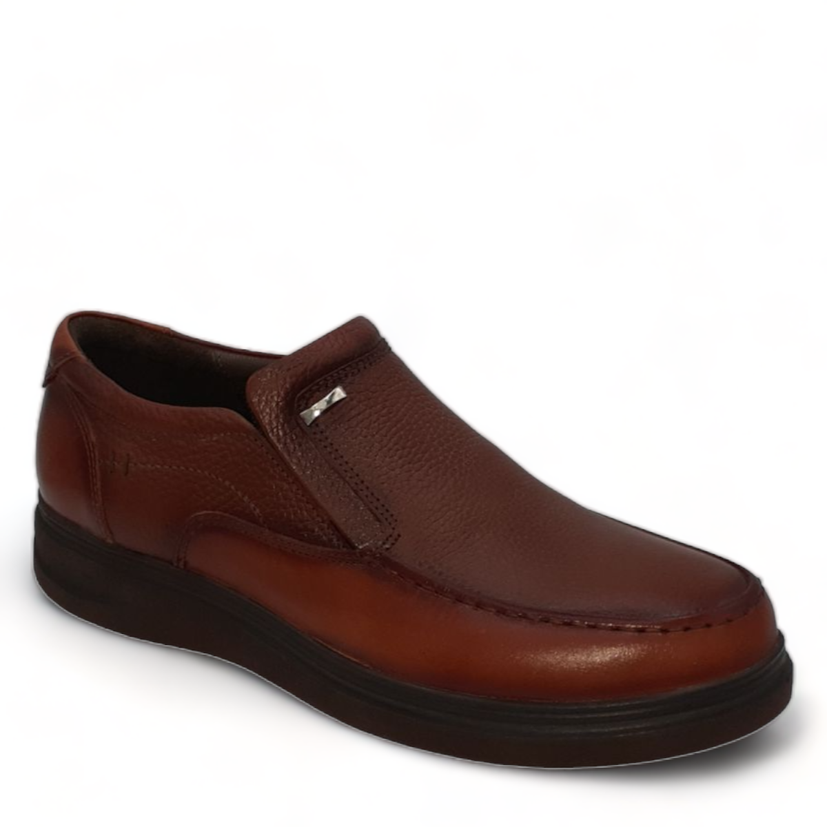 SHAHIN NEOR brown leather slip-on men's shoes with a textured upper and durable rubber outsole. Photo of front side view.
