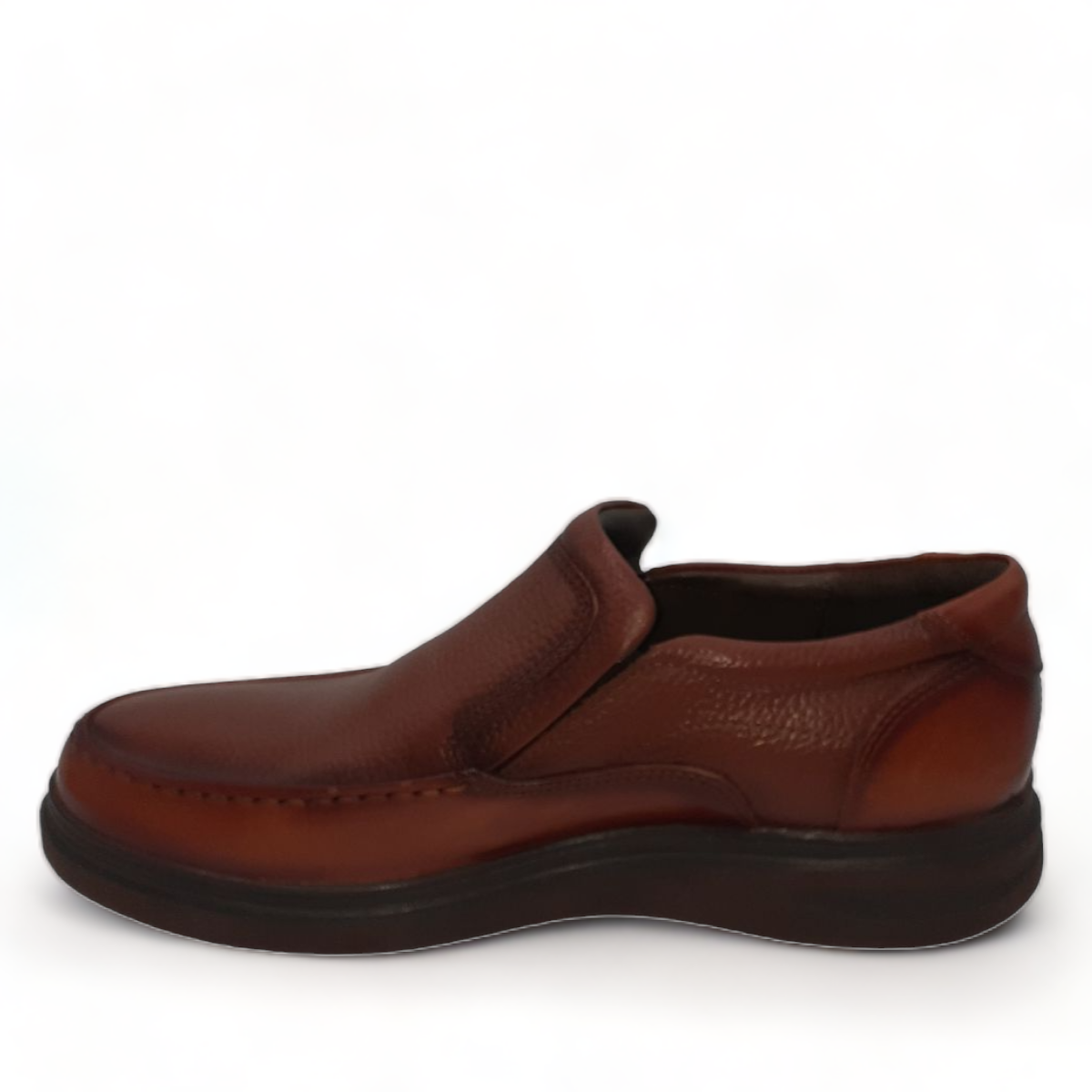 SHAHIN NEOR brown leather slip-on men's shoes with a textured upper and durable rubber outsole. Photo of left side view.