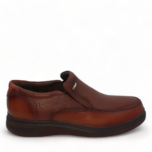 SHAHIN NEOR brown leather slip-on men's shoes with a textured upper and durable rubber outsole. Photo of right side view.