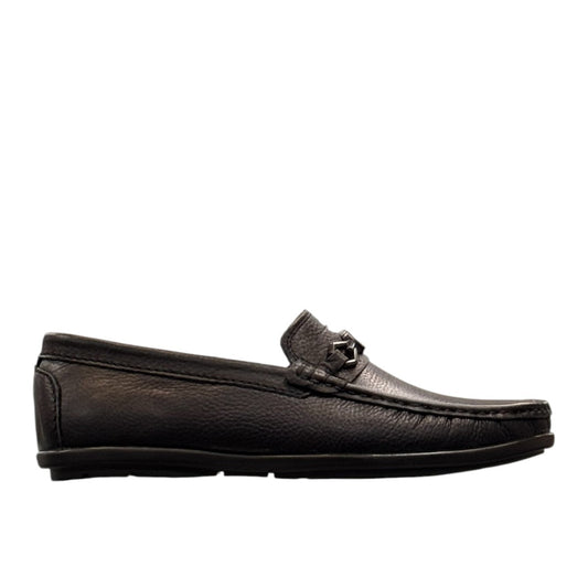 Sina Footwear black genuine leather loafers with handmade stitching and a durable rubber outsole for formal wear. Photo of right side view.