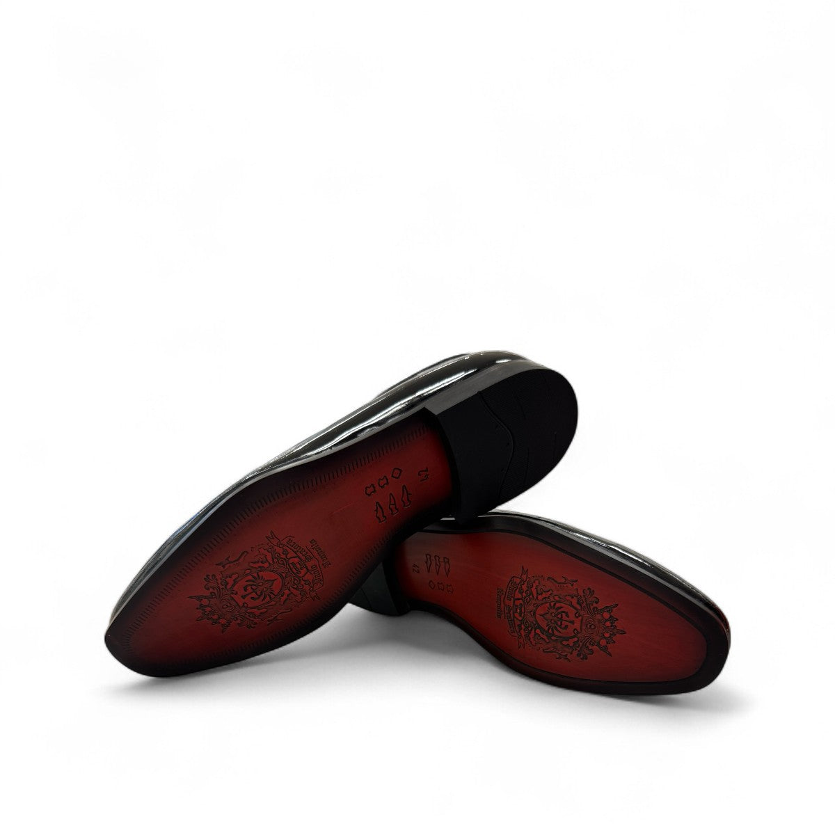 Sina Footwear Verny black patent leather slip-on loafers with a sleek, polished finish for formal occasions. Photo of bottom view.