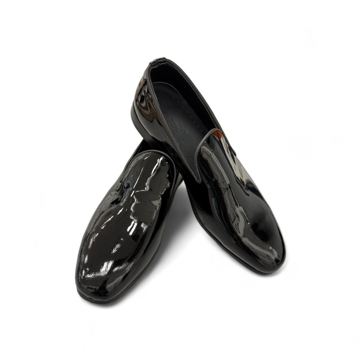 Sina Footwear Verny black patent leather slip-on loafers with a sleek, polished finish for formal occasions. Photo of upper view.