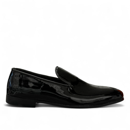 Sina Footwear Verny black patent leather slip-on loafers with a sleek, polished finish for formal occasions. Photo of right side view.