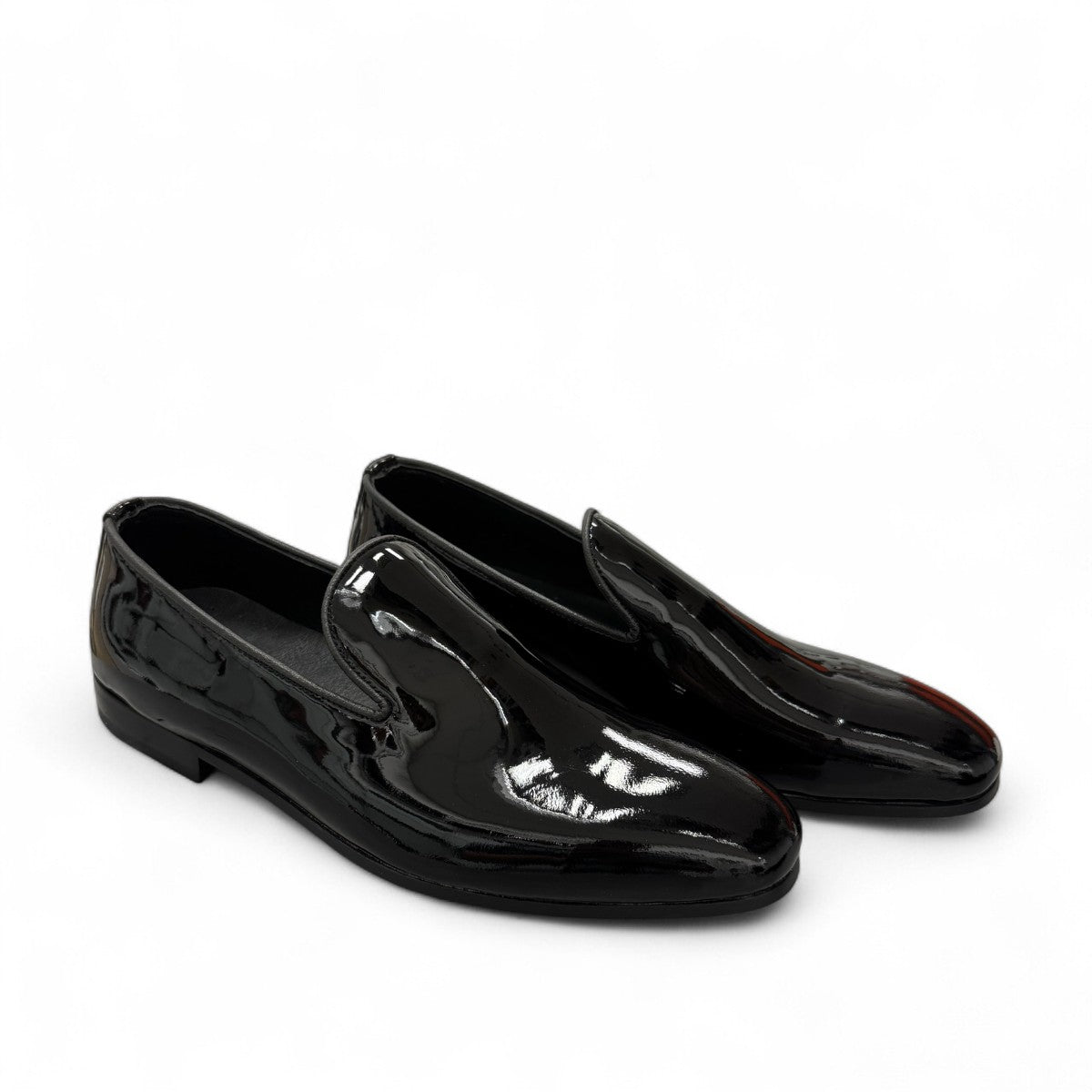 Sina Footwear Verny black patent leather slip-on loafers with a sleek, polished finish for formal occasions. Photo of front side view.