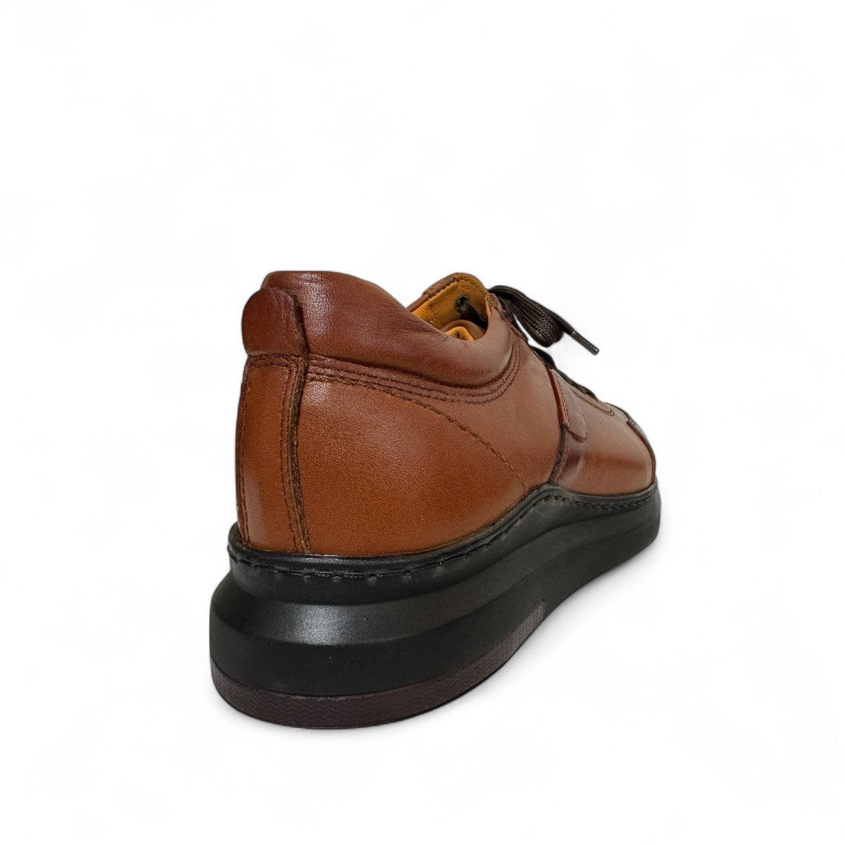 Sina Footwear Alberta brown leather lace-up shoe with a durable black rubber outsole for smart casual wear. Photo of back side view.