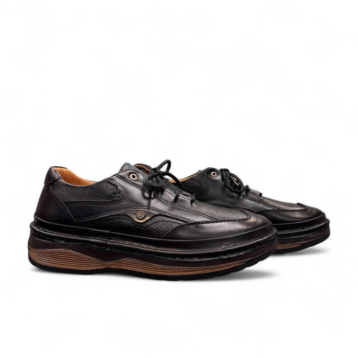 Sina Footwear Ali black genuine leather lace-up shoes with handmade stitching and a durable rubber outsole. Photo of side views.