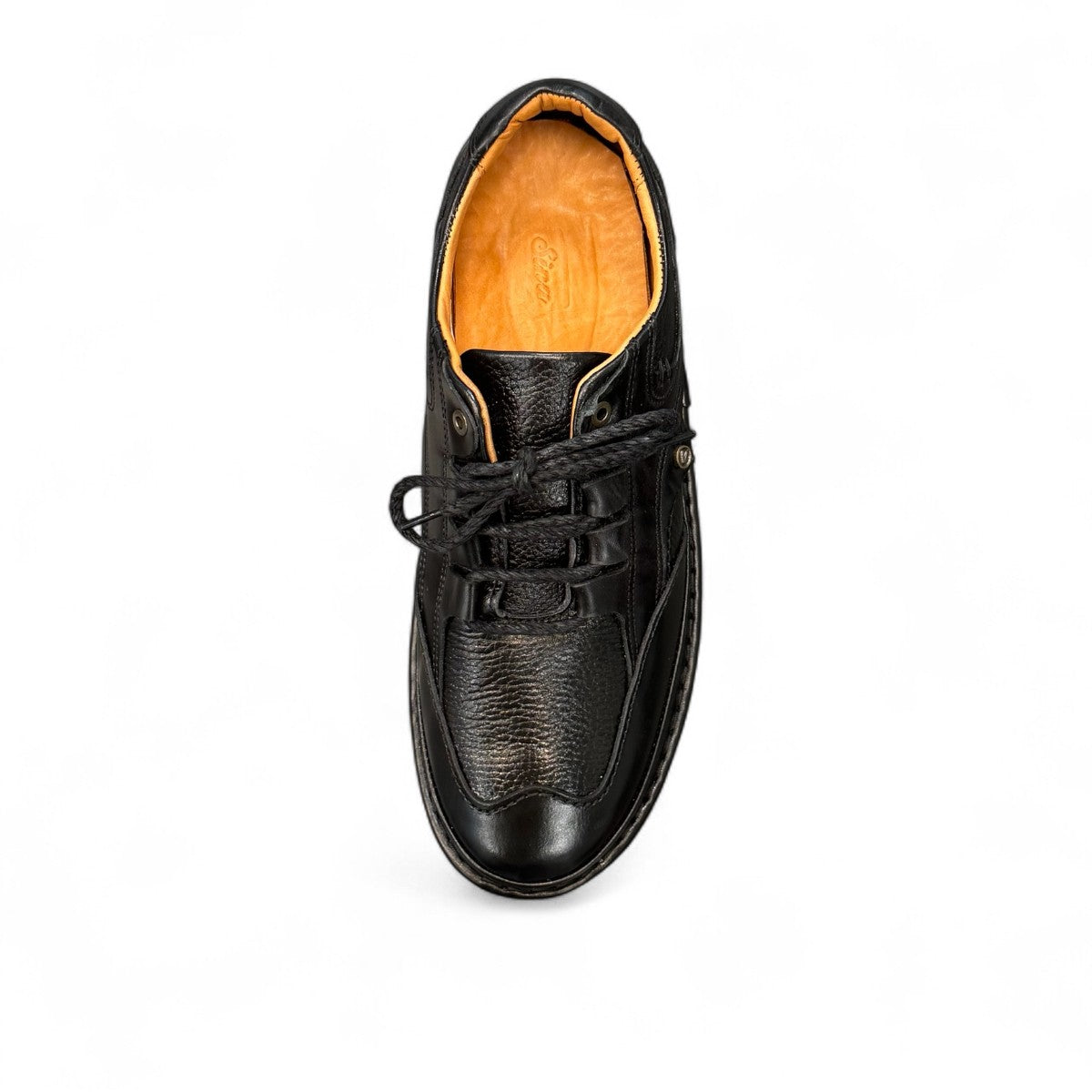 Sina Footwear Ali black genuine leather lace-up shoes with handmade stitching and a durable rubber outsole. Photo of the sole.