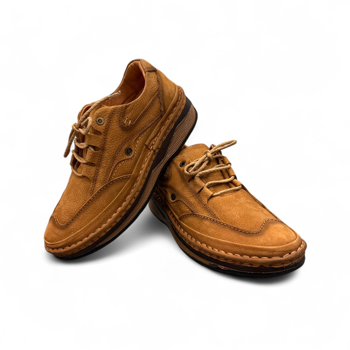 Sina Footwear Ali brown genuine leather lace-up shoes with handmade stitching and a durable rubber outsole. Photo of upper view.