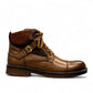Sina Footwear Anzali 2 tan leather lace-up boots with side buckle detail, rubber outsole, and refined stitching. Photo of right side view.
