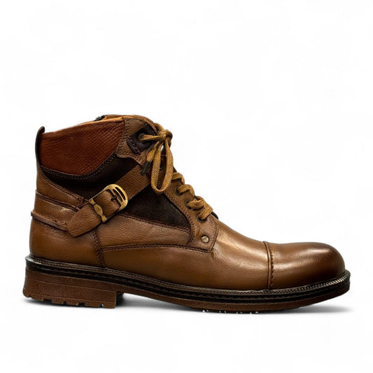 Sina Footwear Anzali 2 tan leather lace-up boots with side buckle detail, rubber outsole, and refined stitching. Photo of right side view.