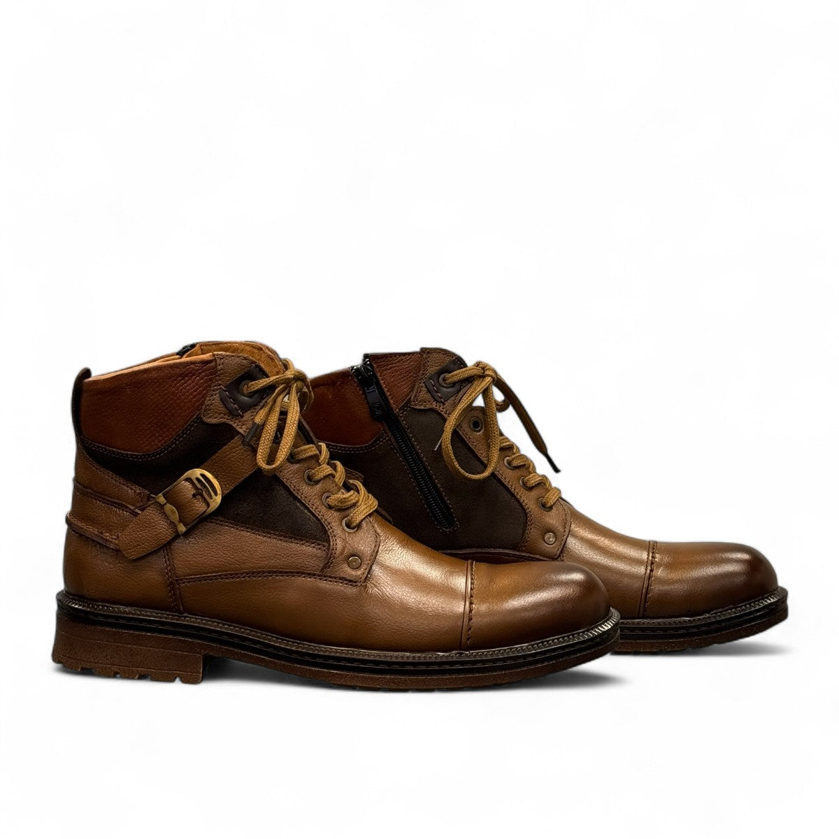 Sina Footwear Anzali 2 tan leather lace-up boots with side buckle detail, rubber outsole, and refined stitching. Photo of side views.