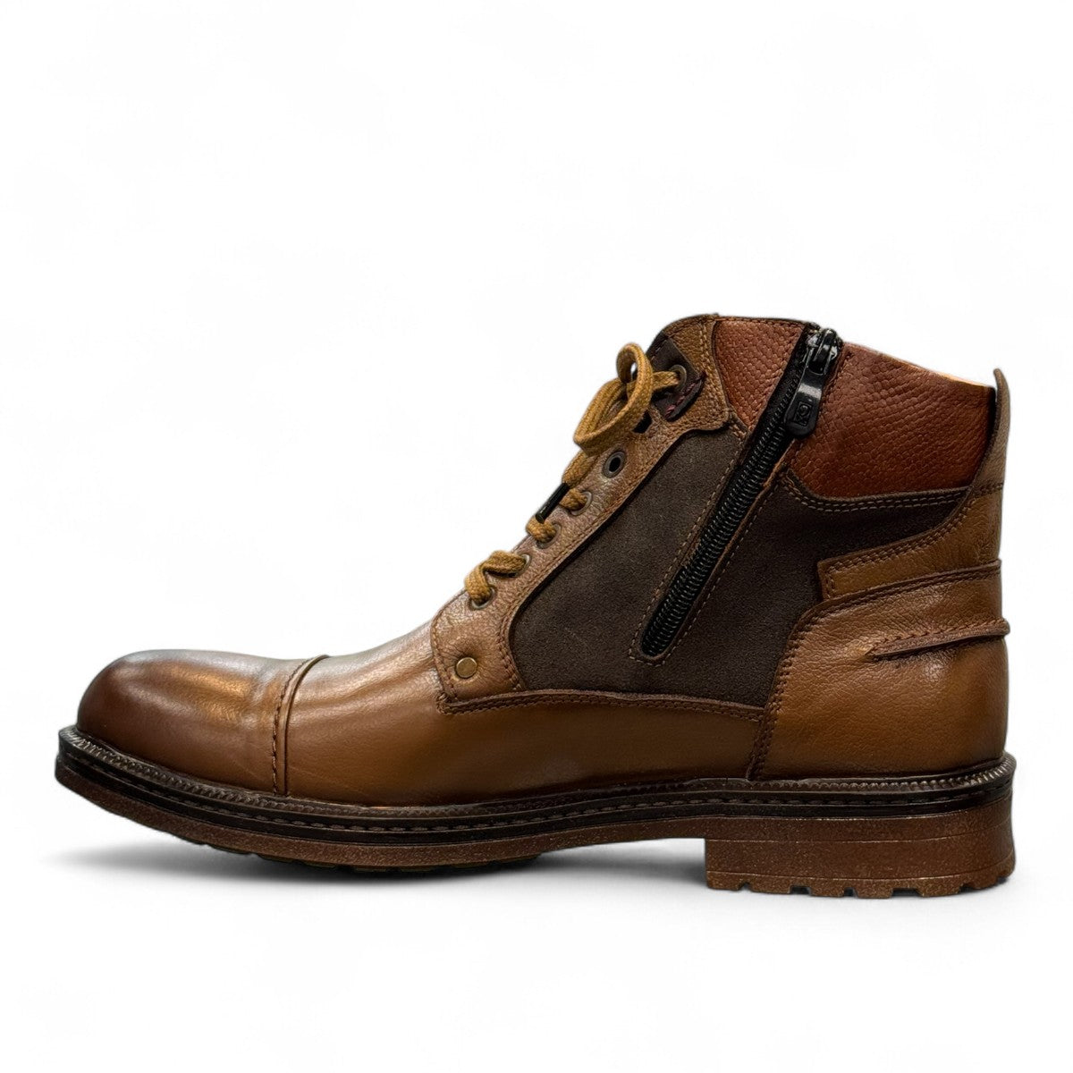 Sina Footwear Anzali 2 tan leather lace-up boots with side buckle detail, rubber outsole, and refined stitching. Photo of left side view.