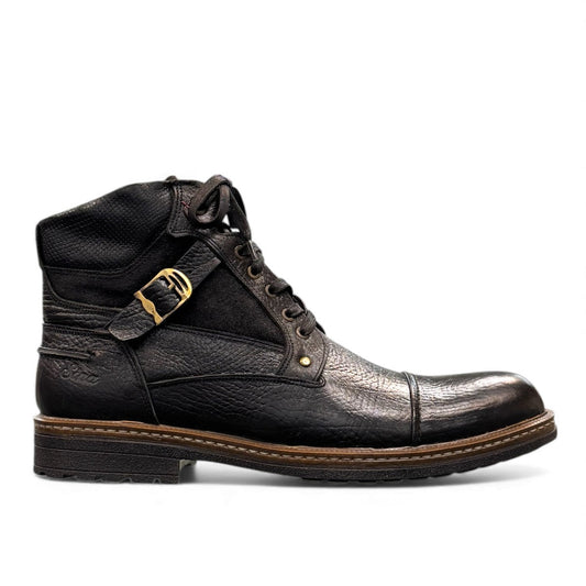 Sina Footwear Anzali 3 black leather lace-up boots with side buckles and stitched detailing on a wooden surface. Photo of right side view.
