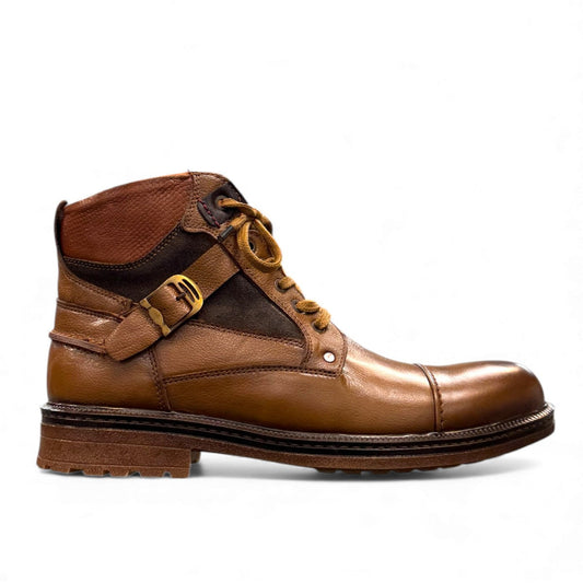 Sina Footwear Anzali 3 brown leather lace-up ankle boot with side buckle strap and textured collar detail. Photo of right side view.
