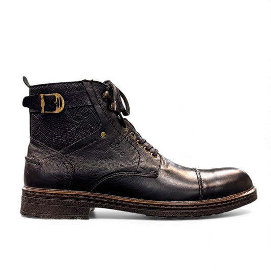 Sina Footwear Anzali black leather lace-up boots with a side buckle strap, rubber outsole, and detailed stitching. Photo of right side view.