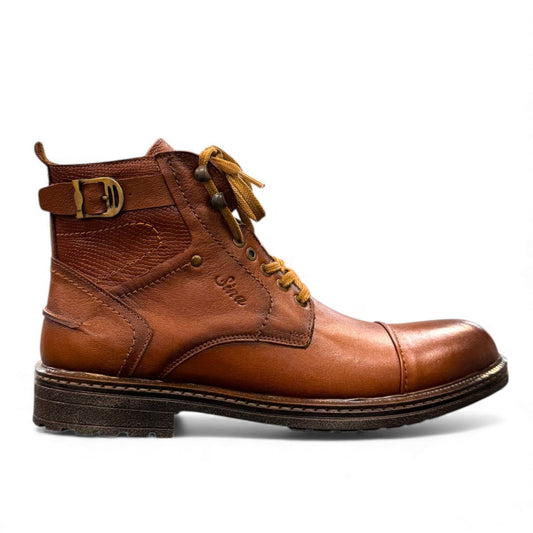 Sina Footwear Anzali brown leather lace-up boots with side buckle detail and durable rubber outsole. Photo of right side view.