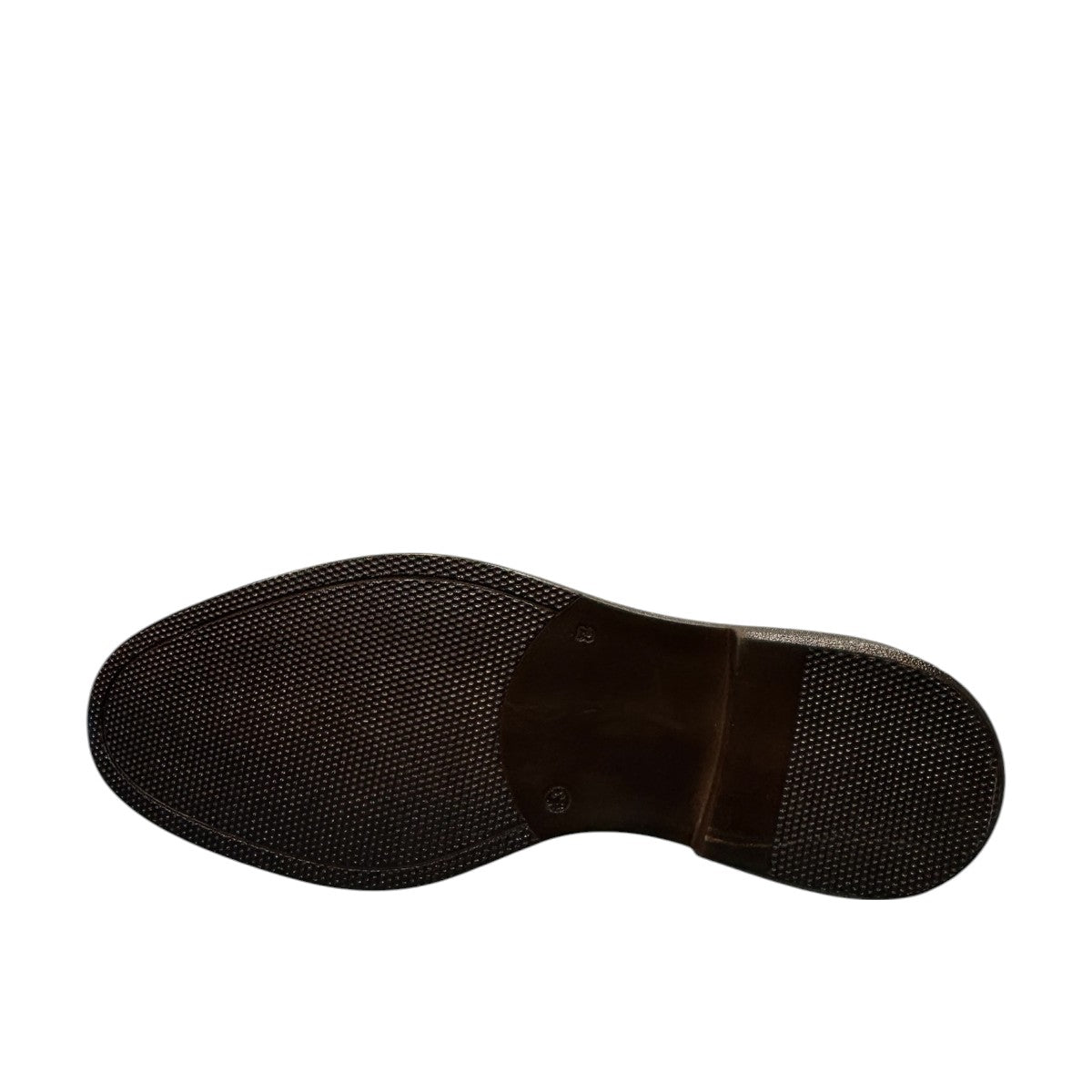 Sina Footwear Asal brown patent leather shoes with lace-up closure and durable rubber outsole. Photo of bottom view.