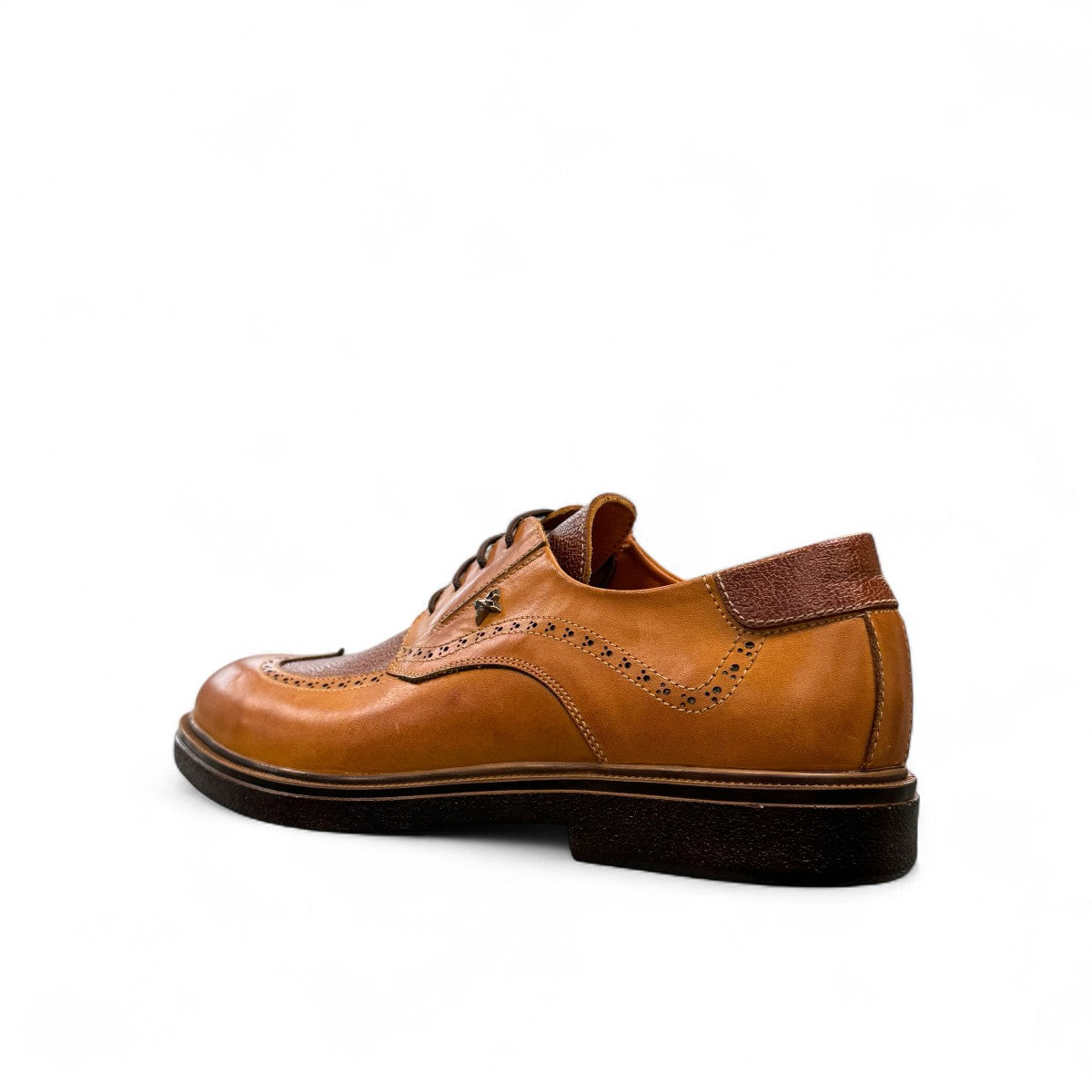 Sina Footwear Asal brown patent leather shoes with lace-up closure and durable rubber outsole. Photo of back side view.