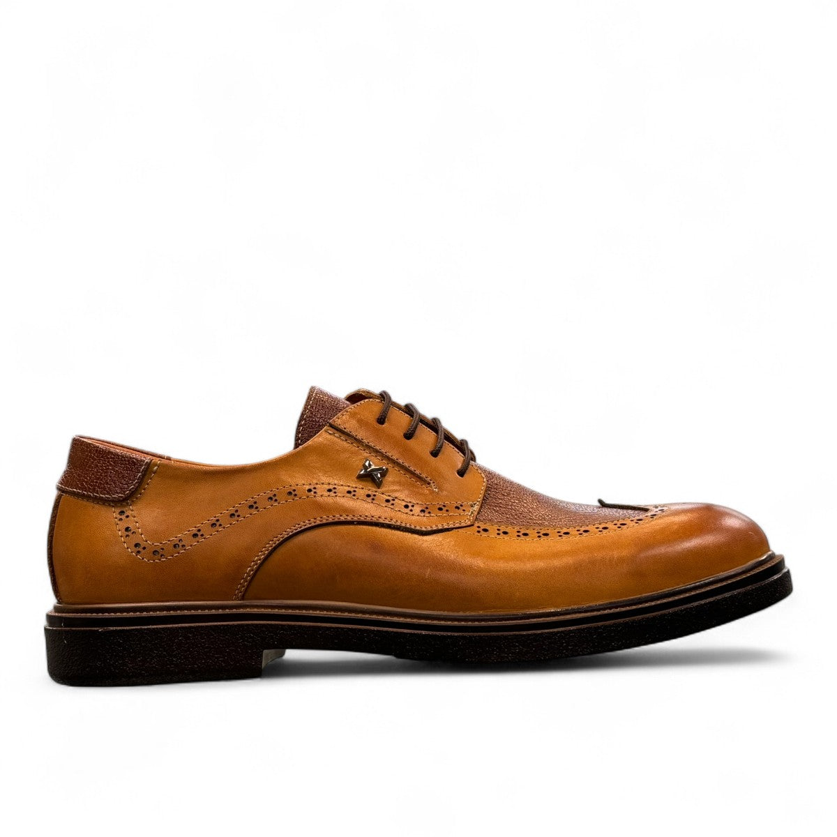 Sina Footwear Asal brown patent leather shoes with lace-up closure and durable rubber outsole. Photo of right side view.