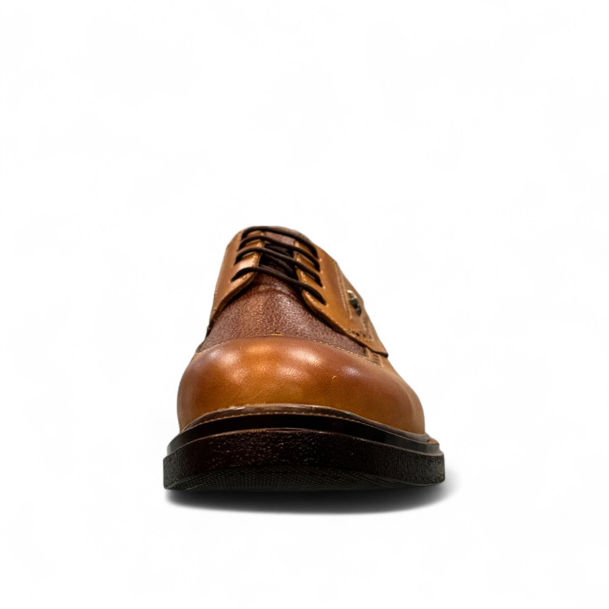 Sina Footwear Asal brown patent leather shoes with lace-up closure and durable rubber outsole. Photo of front view.
