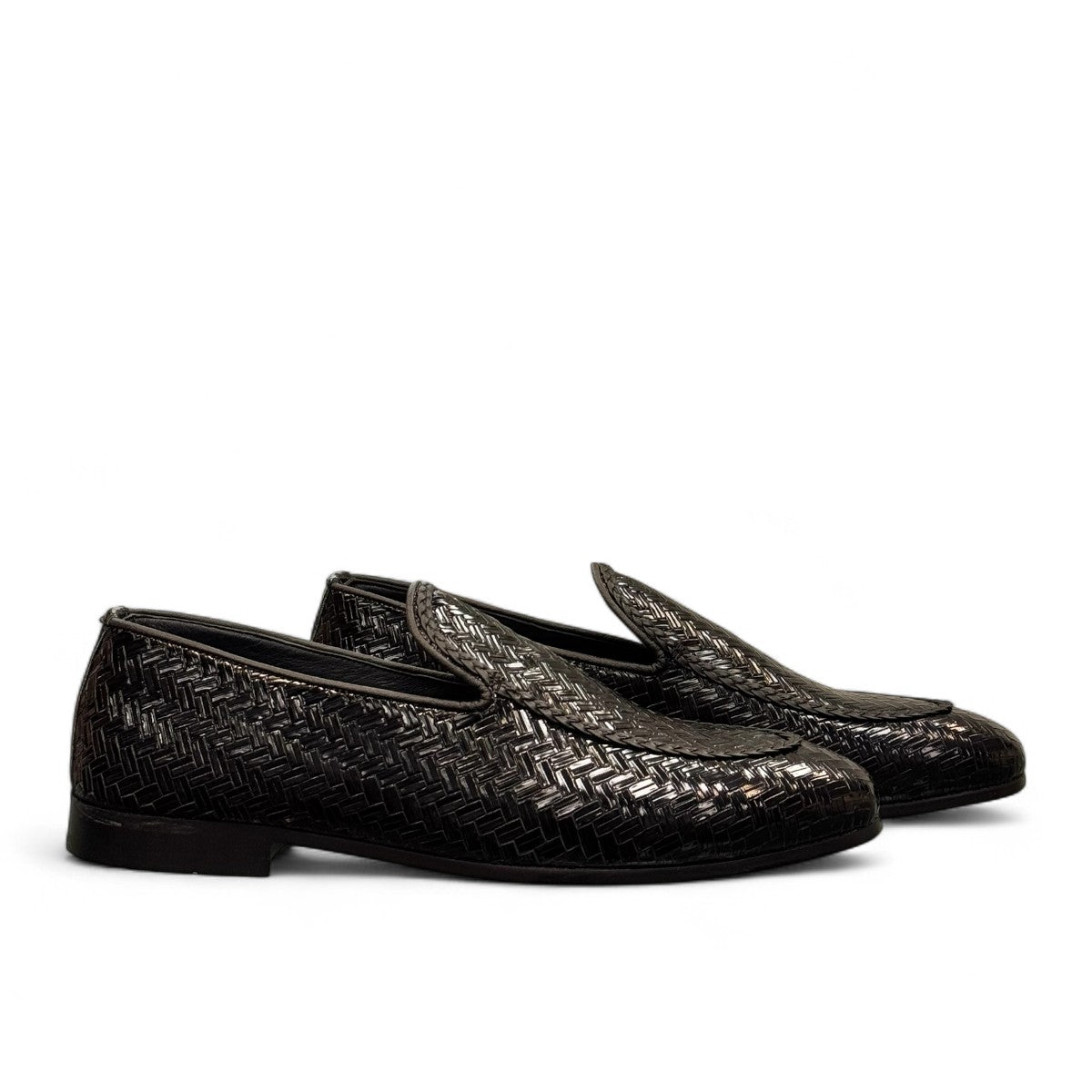 Sina Footwear Aspad black patent leather loafers with a woven texture and refined handmade stitching. Photo of side views.