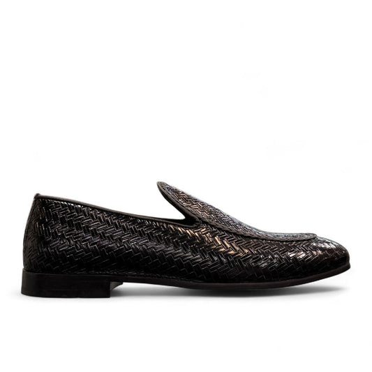 Sina Footwear Aspad black patent leather loafers with a woven texture and refined handmade stitching. Photo of right side view.