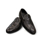 Sina Footwear Aspad black patent leather loafers with a woven texture and refined handmade stitching. Photo of upper view.