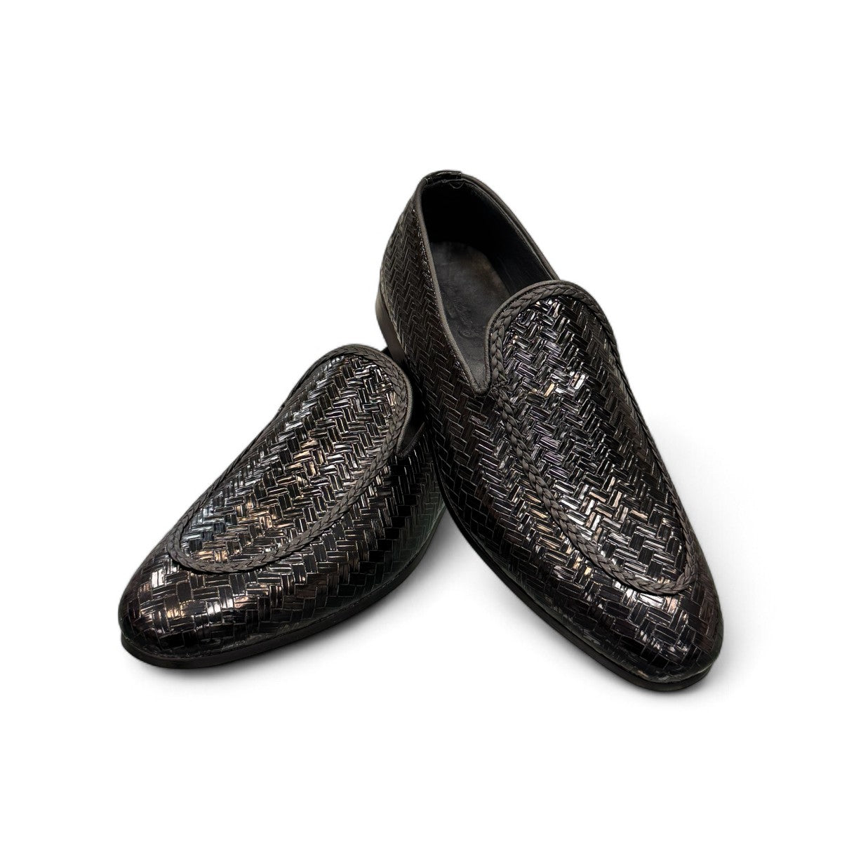 Sina Footwear Aspad black patent leather loafers with a woven texture and refined handmade stitching. Photo of upper view.